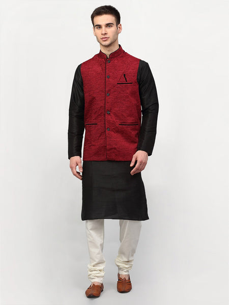 Jompers Men's Black Dupion Silk Kurta with Churidar & Nehru Jacket ( Maroon )