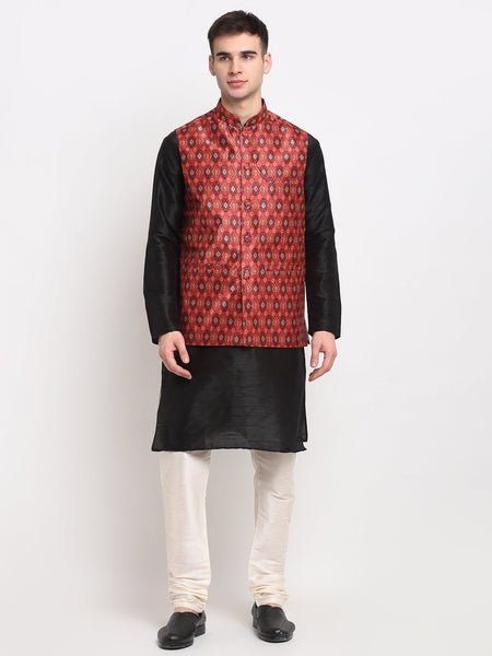 Jompers Men's Black Dupion Silk Kurta with Churidar & Nehru Jacket ( Red )