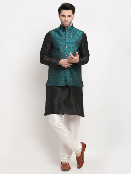 Jompers Men's Black Dupion Silk Kurta with Churidar And Nehru Jacket (Green )