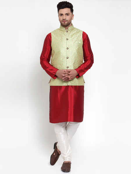 Jompers Men's Solid Dupion Kurta Pajama with Embroidered Nehru Jacket (Green)