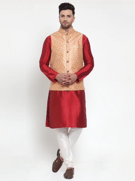 Jompers Men's Solid Dupion Kurta Pajama with Embroidered Nehru Jacket (Peach)