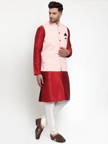 Jompers Men's Solid Dupion Kurta Pajama with Woven Nehru Jacket (Peach)