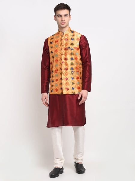 Jompers Men's Maroon Dupion Silk Kurta with Churidar&Nehru Jacket(Orange)
