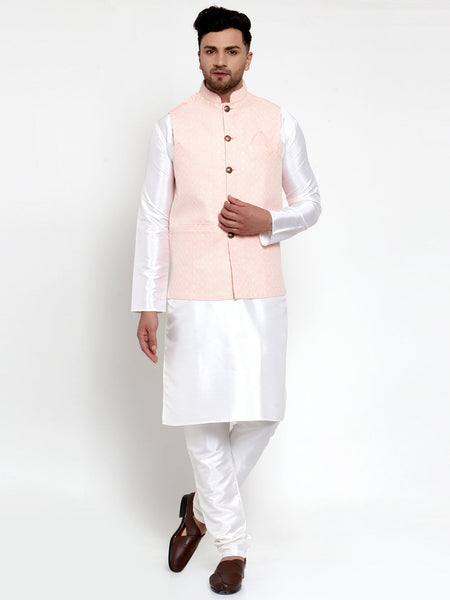 Jompers Men's Solid Dupion Kurta Pajama with Embroiderd Nehru Pink Jacket