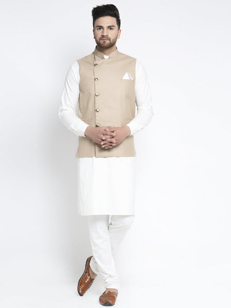 Jompers Men's Solid White Cotton Kurta Payjama with Geometric Waistcoat(Beige)