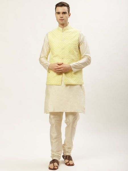 Jompers Men's Embroidered Nehru Jacket & Kurta Pyjama ( Yellow )