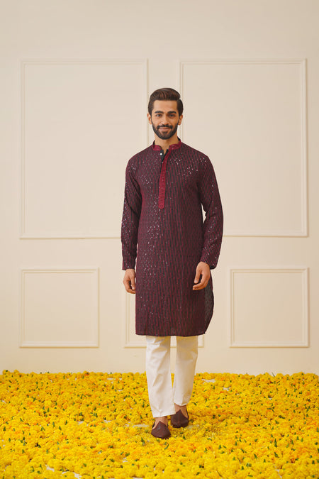 Jompers Men's Sequins Chikankari Embroidered Kurta only - Maroon