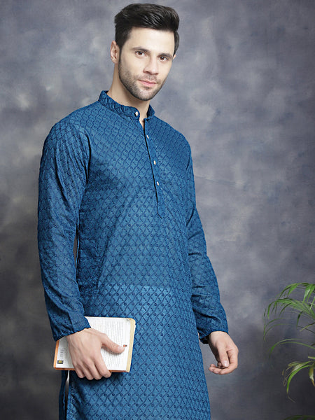 Jompers Men's Chikankari Pure Cotton Kurta - Peacock