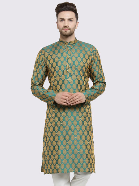 Jompers Men's Green-Colored & Golden Self Design Kurta Only