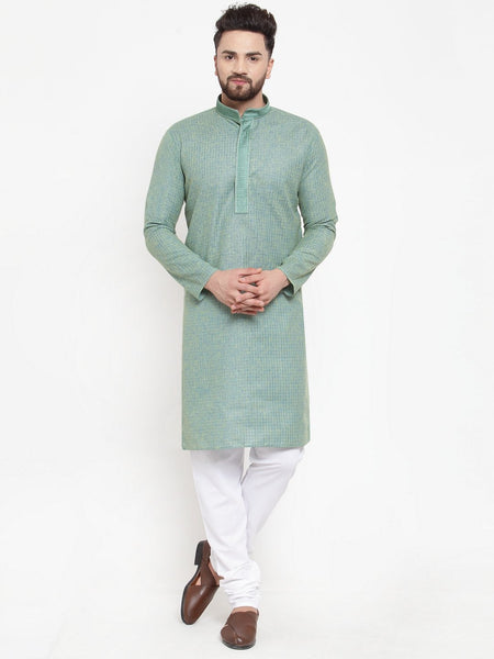 Jompers Men Sea Green & White Embroidered Kurta with Churidar