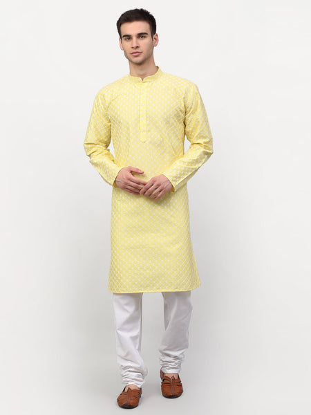 Jompers Men Yellow Chikankari Kurta with Churidar