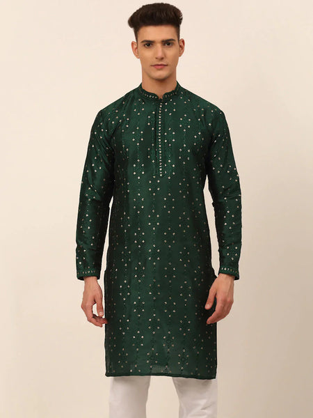 Jompers Men's Silk Blend Collar Embroidered Kurta Only - Green