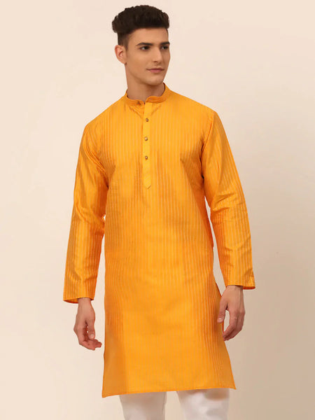 Jompers Men's Mustard Striped Pleated Chikankari Kurta Only