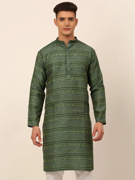Jompers Men's Printed Sequinned Kurta Only - Green