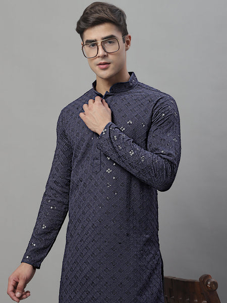 Jompers Men's Grey Chikankari Embroidered and Sequence Kurta