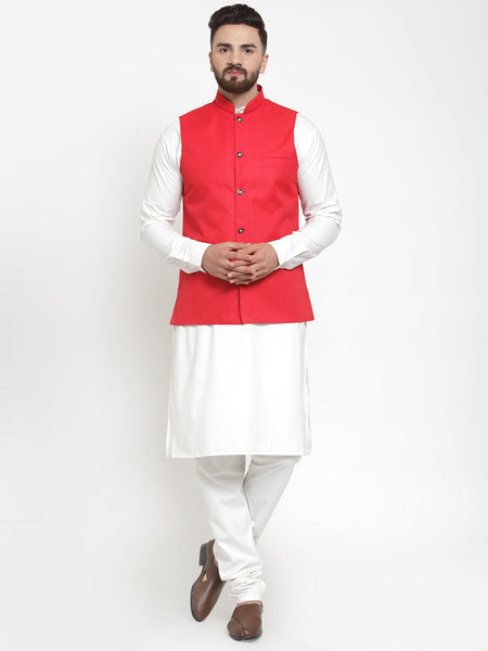 Jompers Men's Solid Kurta Pajama with Solid Red Waistcoat