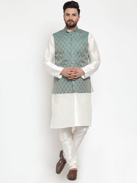 Jompers Men Solid Dupion Kurta Pajama with Woven Jacquard Waistcoat (Green)