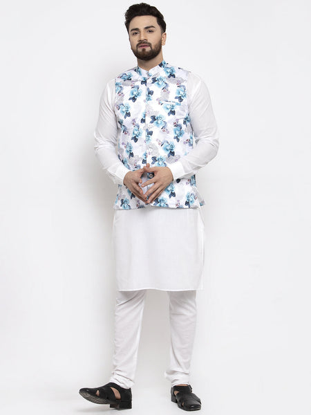 Jompers Men's Solid Cotton Kurta Pajama with Printed Waistcoat (Silver-W)