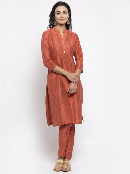 Jompers Women Orange Self-Striped Kurta with Trousers