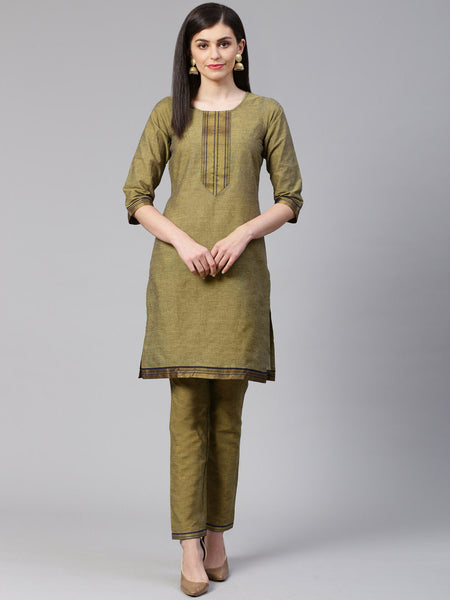 Jompers Women Mustard Yoke Design Kurta with Trousers