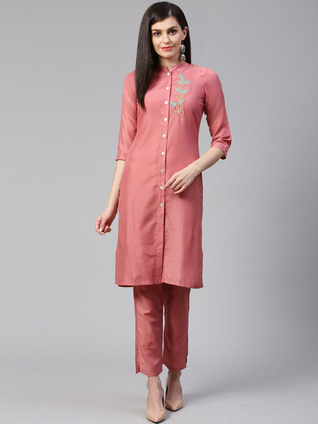 Jompers Women Pink Embroidered Solid Kurta with Trousers