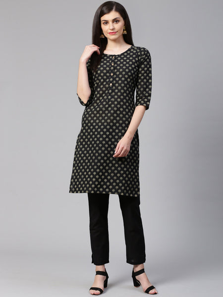 Jompers Women Black and Beige Printed Kurta with Trousers