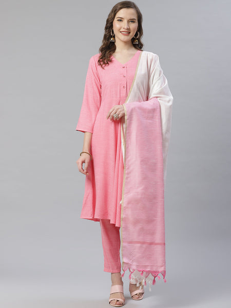 Jompers Women Pink & White Self Design Kurta with Trousers & Dupatta