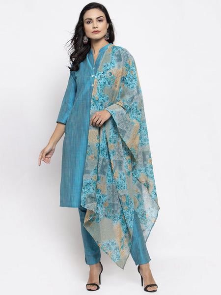 Jompers Women Blue & Green Self-Striped Kurta with Trousers & Printed Dupatta