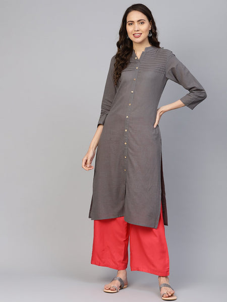 Jompers Women Grey Cotton Straight Kurta with Pintucks