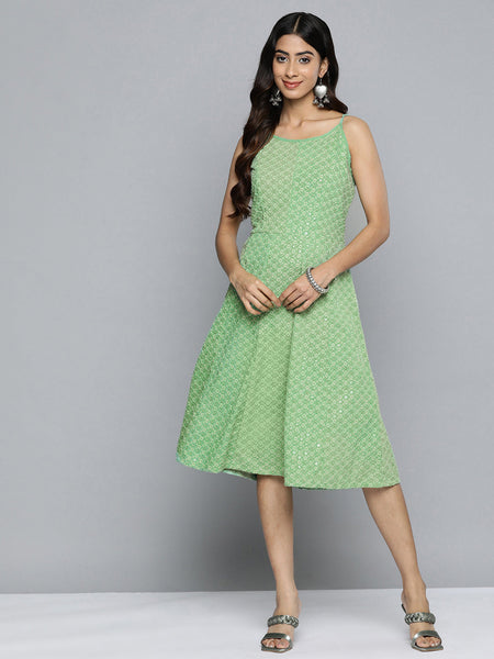 Jompers Women's Green Floral Sequin Embroidered A-Line Midi Dress