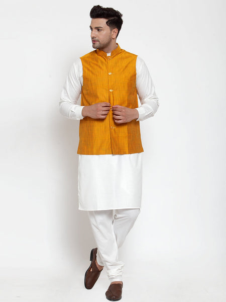 Jompers Men's White Solid Kurta with Pyjamas & Yellow Nehru Jacket