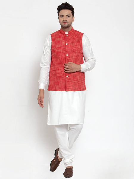 Jompers Men's White Solid Kurta with Pyjamas & Red Nehru Jacket