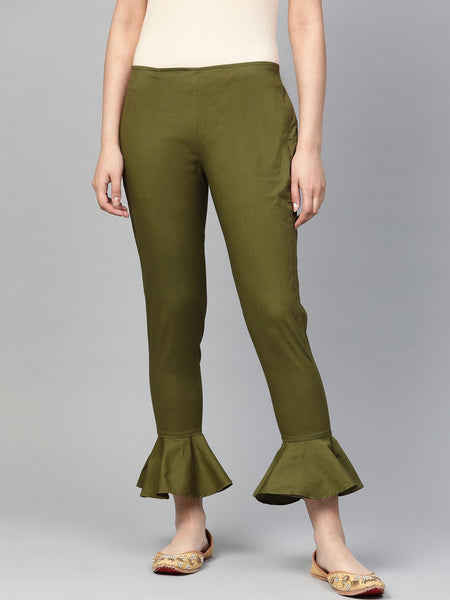 Jompers Women Olive Green Smart Fit Solid Bottom Flared Trousers