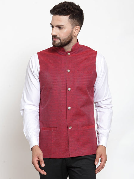 Jompers Men Maroon Woven Nehru Jacket