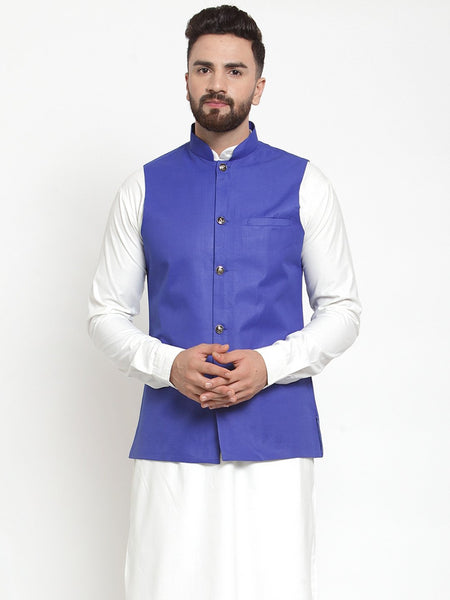Jompers Men Royal-Blue Solid Nehru Jacket