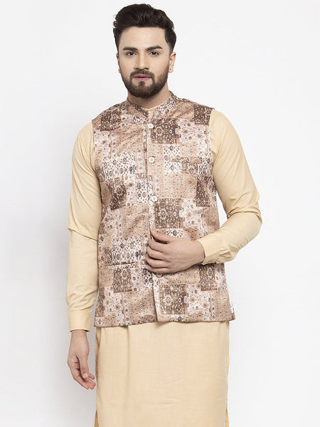 Jompers Men's Beige Printed Nehru Jacket