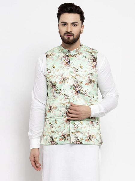 Jompers Men Lime-Green Printed Satin Nehru Jacket