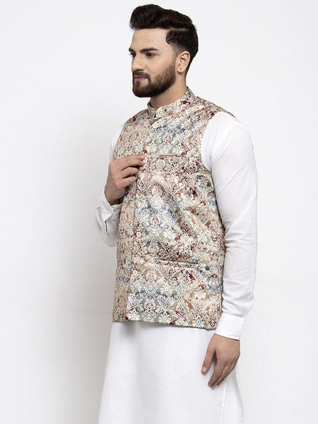 Jompers Men Multicolored Printed Satin Nehru Jacket