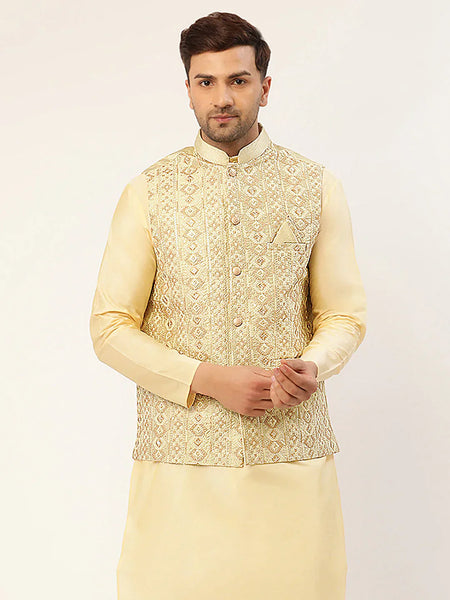 Jompers Men's Pista Green & Gold Embroidered Woven Nehru Jacket