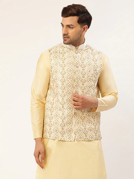 Jompers Men's White & Gold Embroidered Woven Nehru Jacket