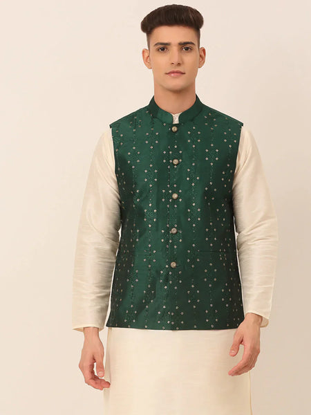 Jompers Men's Green Embroidered Woven Nehru Jackets