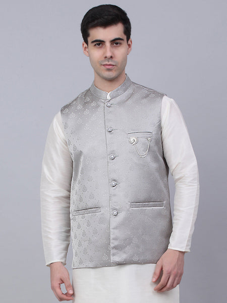 Jompers Men's Grey Woven Design Waistcoats