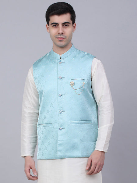 Jompers Men's Sky Blue Woven Design Waistcoats
