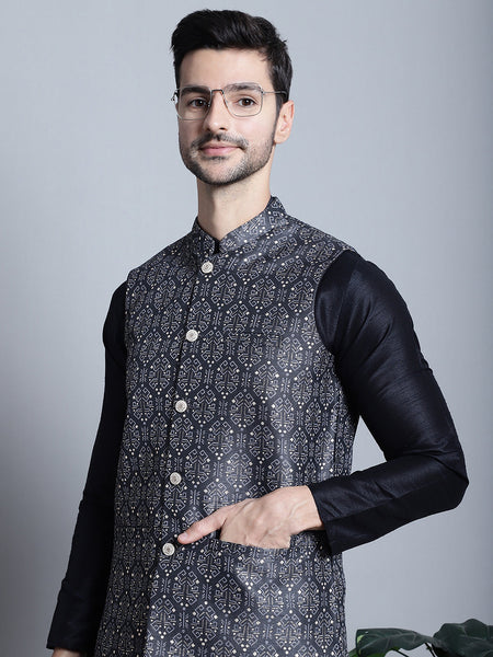 Jompers Men's Printed Nehru Jacket - Charcoal