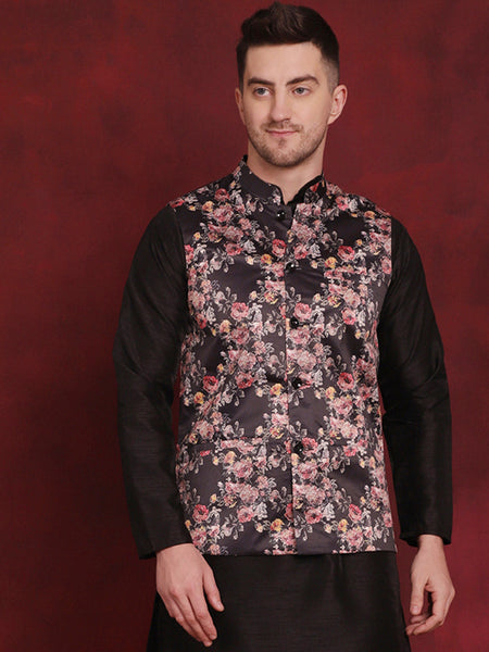 Jompers Men's Floral Printed Nehru Jacket - Black