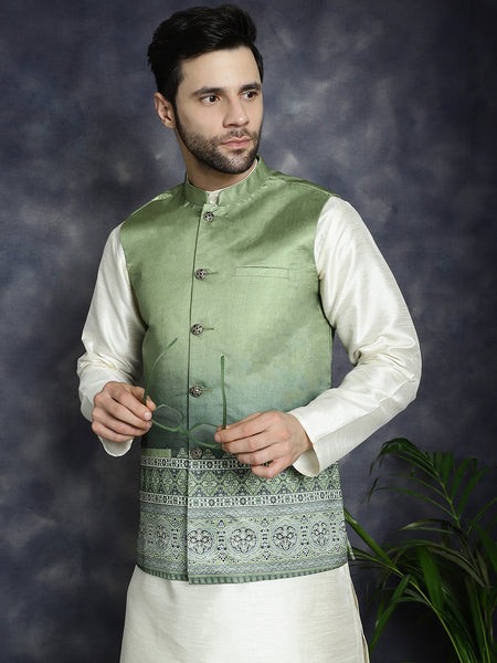 Jompers Men's Printed Nehru Jacket - Green