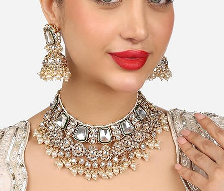 Jewel City Traditional Handcrafted Kundan Pearl Choker Necklace Set with Jhumka Earrings and Maang Tikka – Bridal Jewelry Set