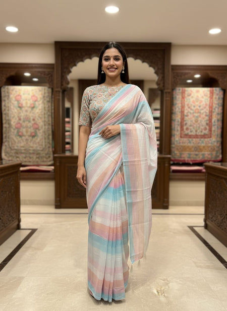 Morchari Multicolour saree with heavy unstitched blouse piece