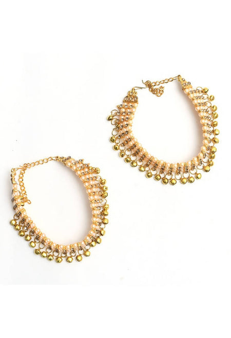 Mominos Fashion Kamal Johar Gold-Polished Pearls Anklets With Muvvas