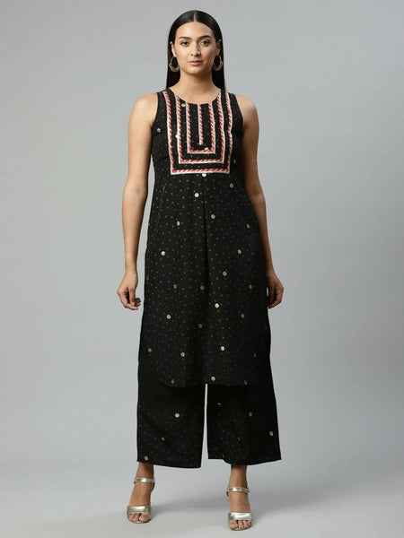 Ahalyaa Womens Black Crepe Printed Kurta Palazzo Set